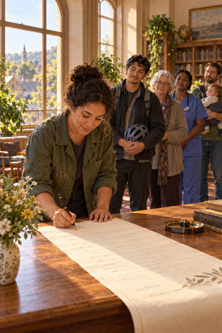 In a sunlit room with tall arched windows and bookshelves, a woman in a green jacket signs a long paper scroll on a polished wooden table with a fountain pen; the writing on the scroll is not legible. Behind her a queue waits: a young man holding a bicycle helmet, an older woman in a scarf, a nurse with a stethoscope and a man carrying a baby. A church spire shows through the window.