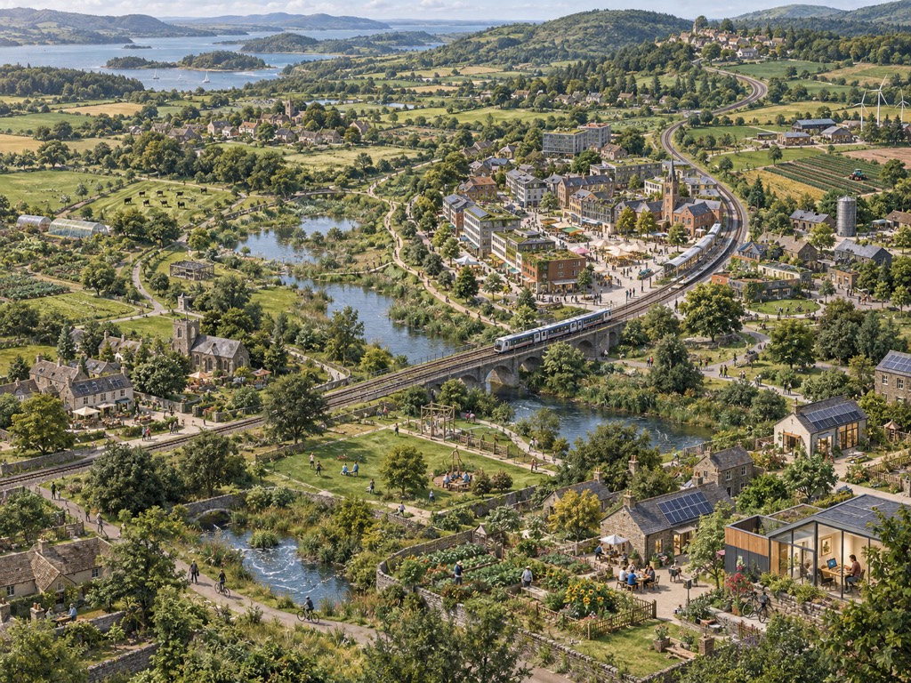 Aerial painting of green countryside with stone villages and a small market town with a church spire, linked by a railway that crosses a river on a stone viaduct. Wetlands, allotments, fields with cattle and wind turbines surround them; in the foreground people cycle past gardens and a glass-walled work building.