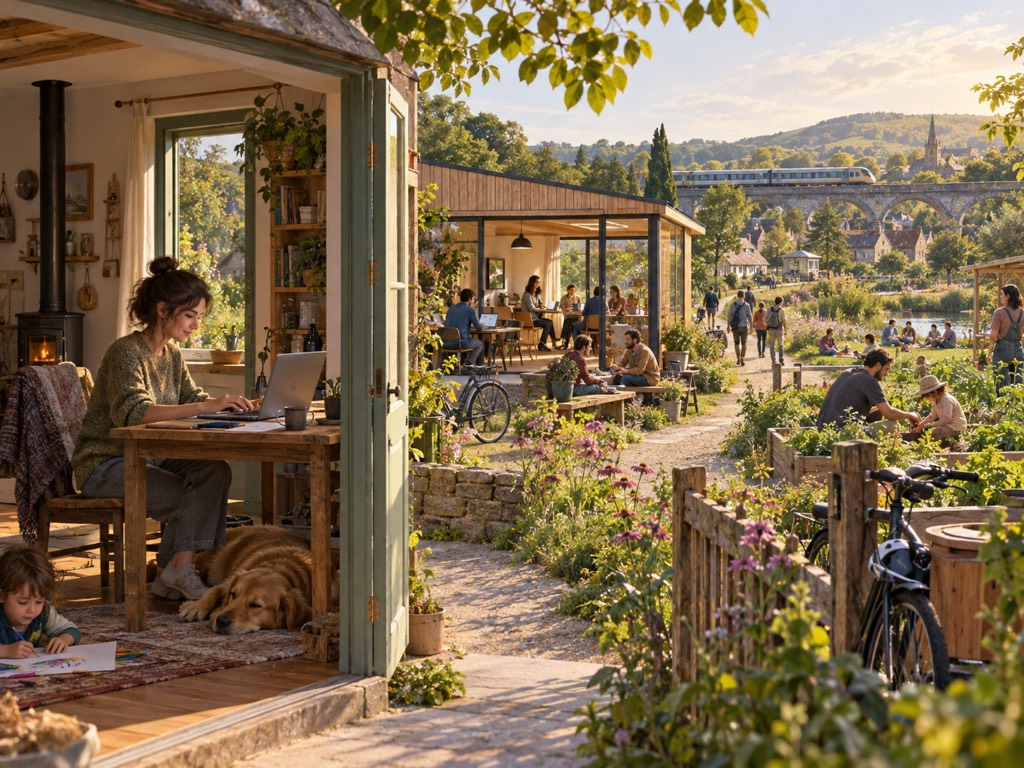 A woman works on a laptop at a wooden table in a cottage with a wood stove while a child draws on the rug and a dog sleeps. Through the open door are a shared work pavilion, community vegetable gardens, people walking, and a train crossing a viaduct in the distance.