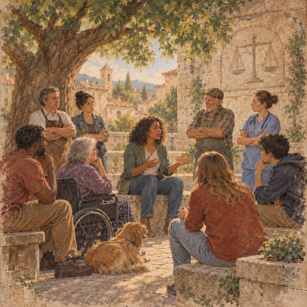 A faded fresco of a group in a stone courtyard under a large tree. A woman at the centre speaks with open hands. Around her some listen and some stand with arms folded: a baker in an apron, a farmer in a cap, a nurse with a stethoscope, an older woman in a wheelchair, a seated man, a teenager and a woman seen from behind, with a dog at their feet. A carving of balance scales is set into the wall behind.