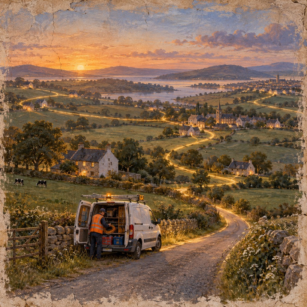 A faded fresco of farmland at sunset. A glowing line runs along winding lanes, linking stone farmhouses with lit windows to a small town and a church beside a lake. In the foreground an engineer in a high-visibility vest takes cable from a white van beside a stone wall, and cows graze in a field.