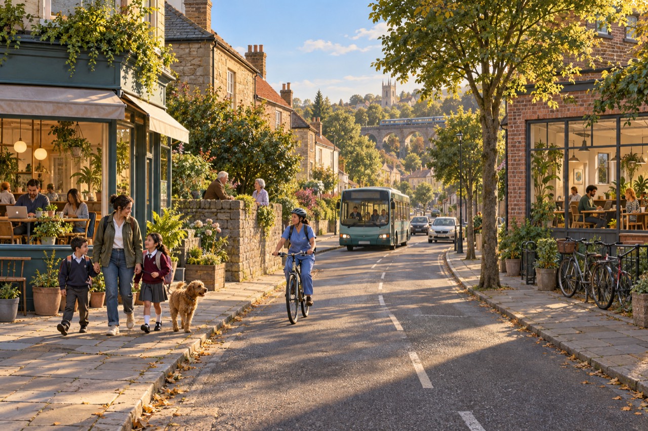 An autumn morning on a small-town street of stone and brick. A mother walks a boy and a girl in school uniform with a golden dog beside them; a woman in blue scrubs and a helmet cycles up the road; an older couple talk over a stone wall. People work on laptops in a café on the left and at tables behind the tall windows of a brick building on the right. A bus and two cars come down the quiet road, and a train crosses a viaduct below a hilltop tower.